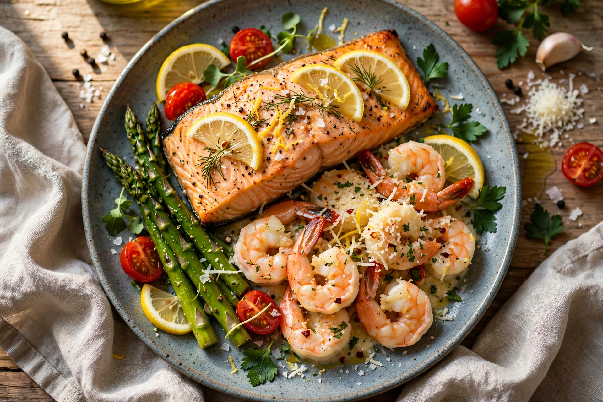 Baked Salmon with Lemon Parmesan Shrimp