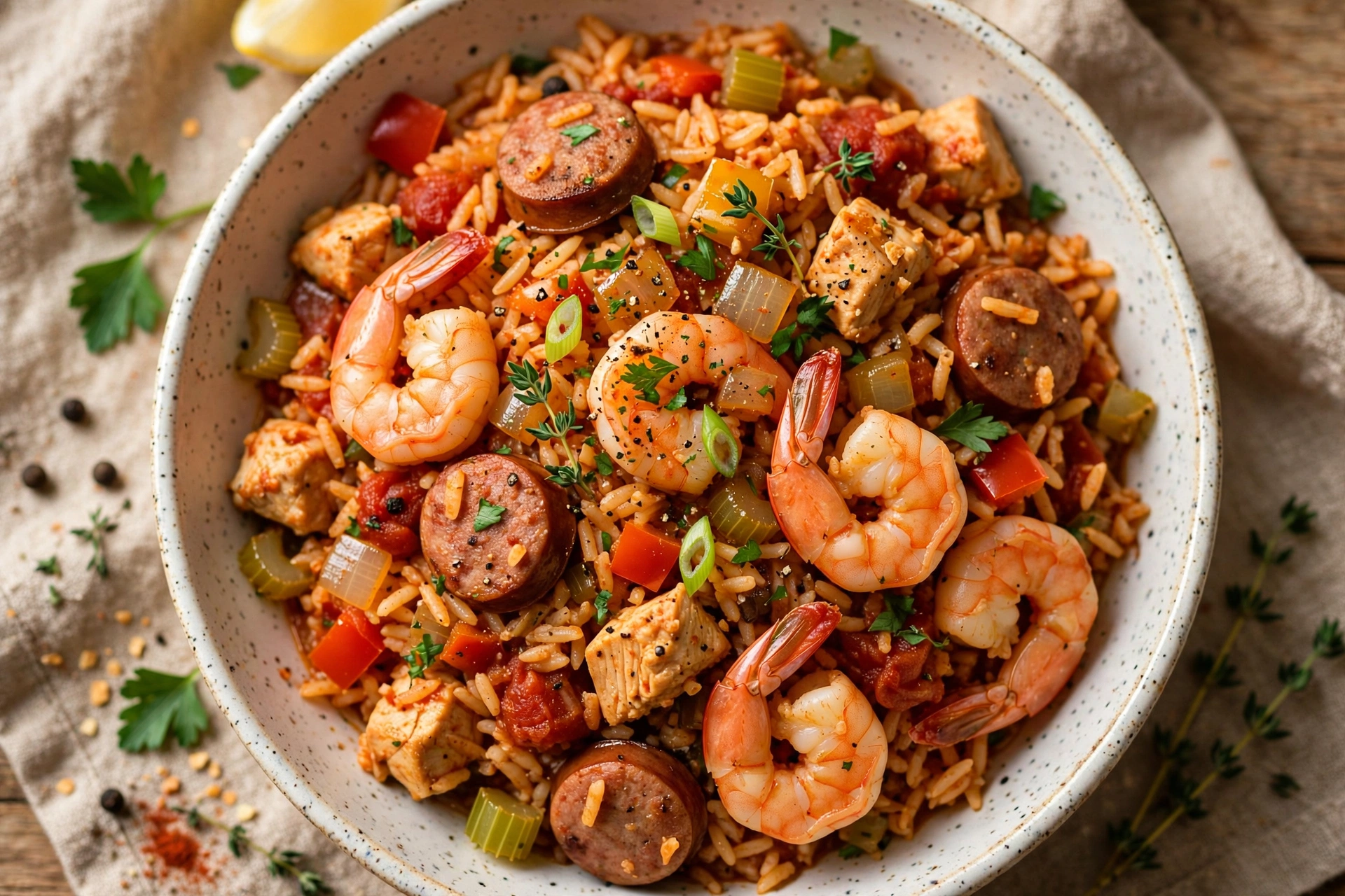 Creole Jambalaya with Shrimp, Chicken, and Sausage