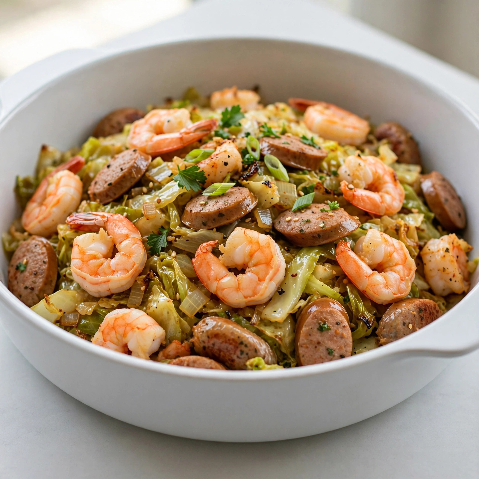 Fried Cabbage with Shrimp and Sausage