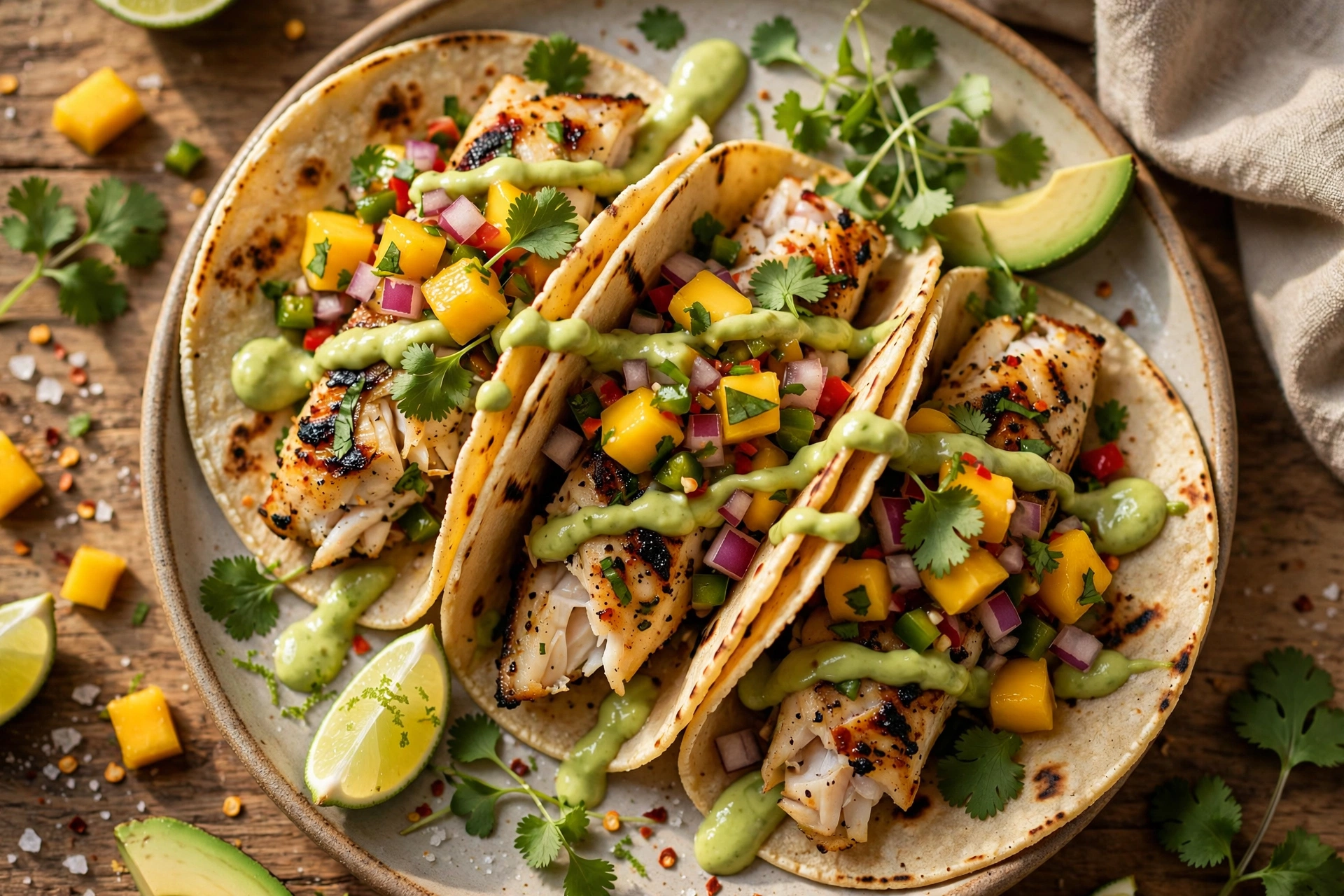 Grilled Fish Tacos with Mango Salsa and Avocado Lime Sauce