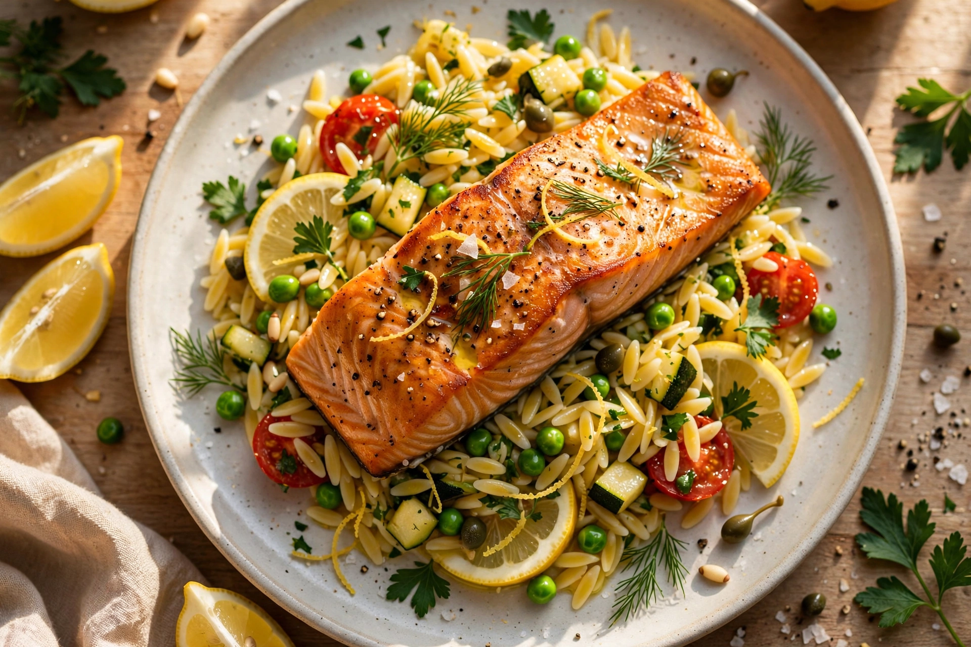 Seared Salmon with Lemon Orzo