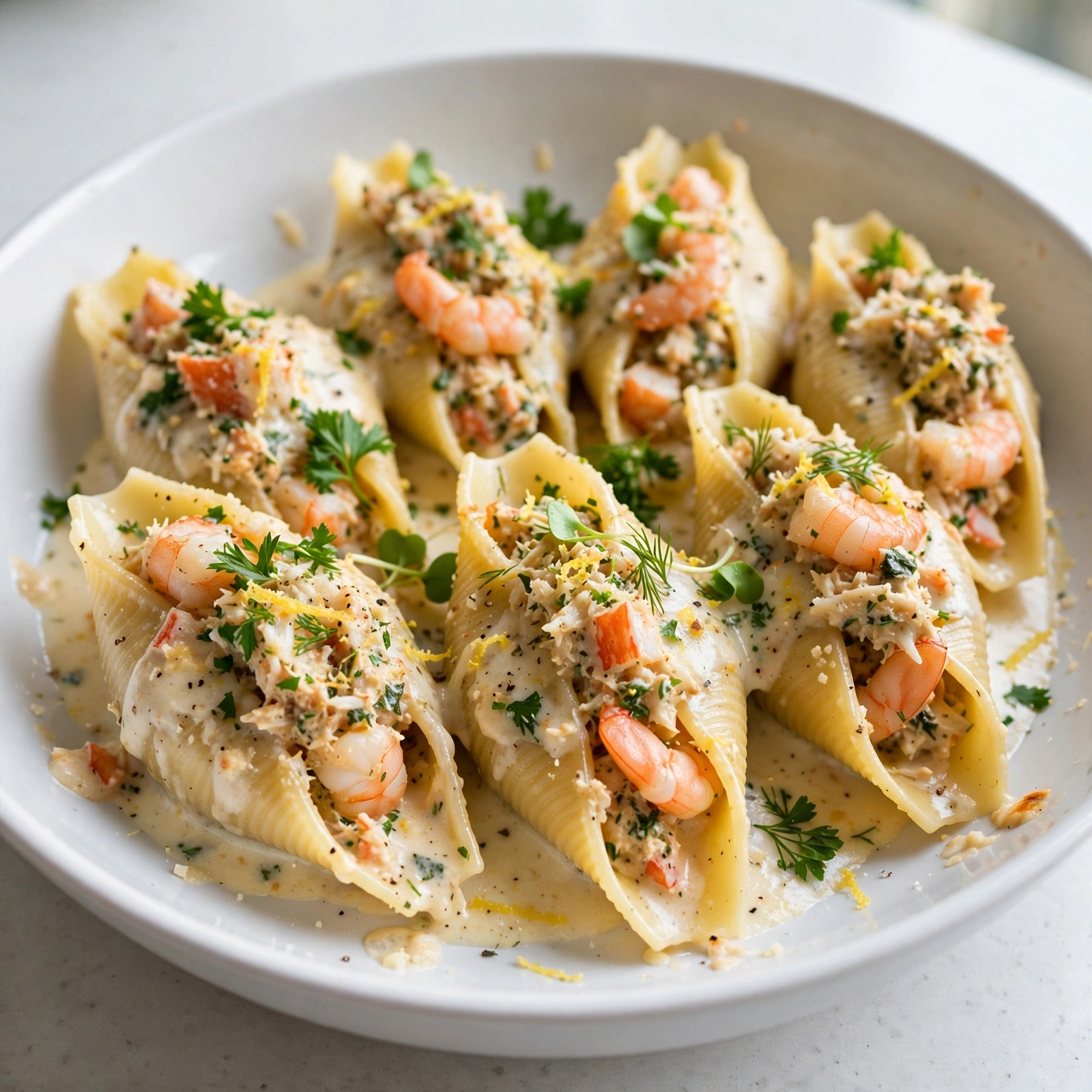 Shrimp and Crab Stuffed Shells with Alfredo Sauce